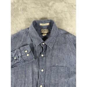 LL Bean Shirt Men's Medium Regular Blue Slightly Fitted Linen Button Up